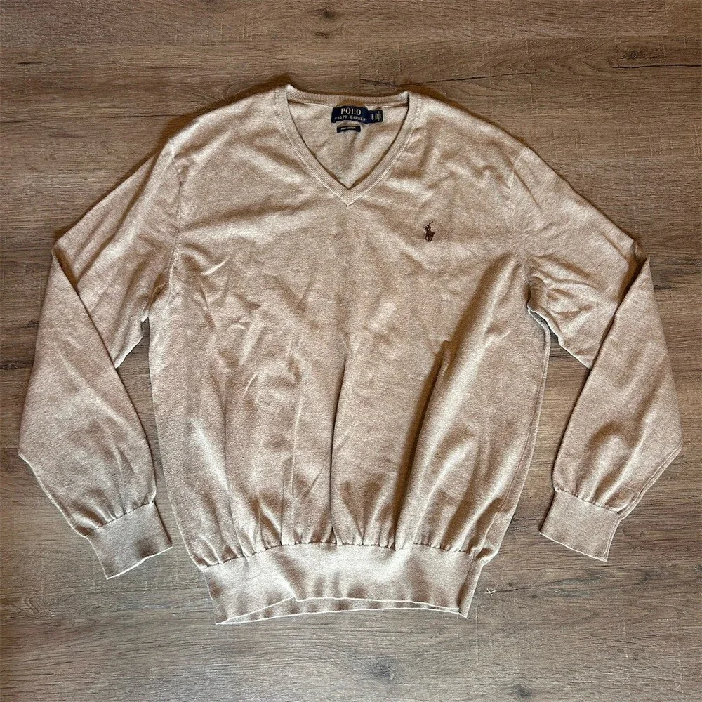 Polo Ralph Lauren Sweater Mens Pima Cotton L Beige V-Neck Pullover Pony Logo